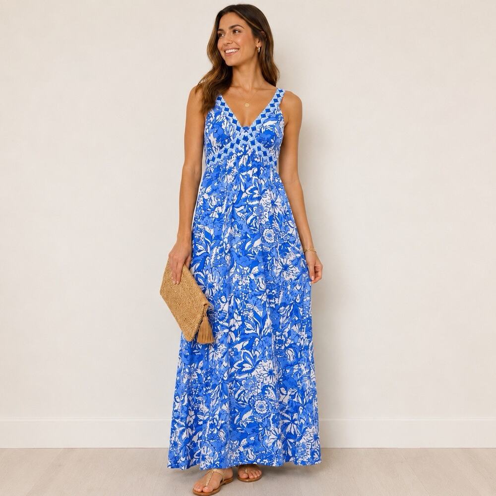 Lilly Pulitzer Serena V-Neck Maxi Dress Blue Tang Flocking Fabulous Size XXS XS